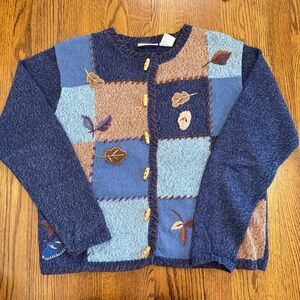 Erika & Co. Vintage Blue Tan Leaf Colorblock Button Sweater Cardigan Size Medium